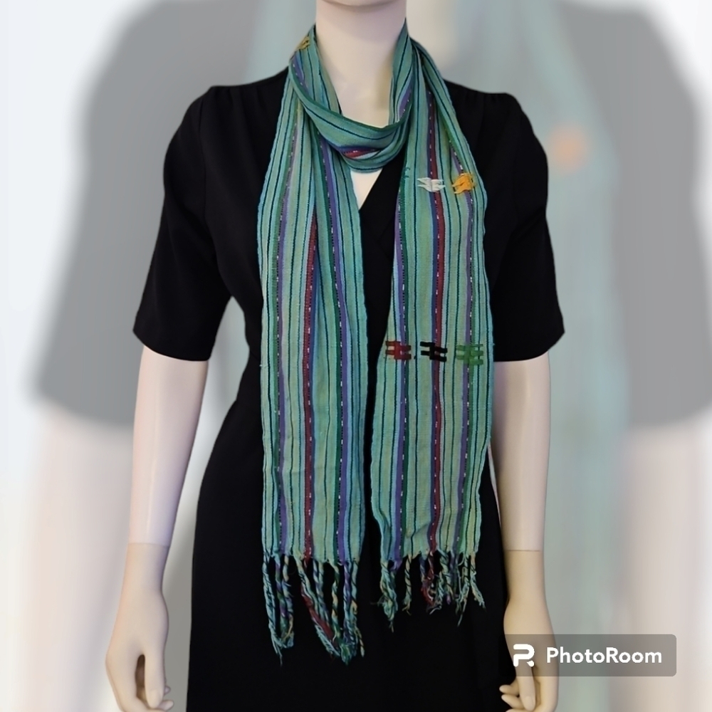 VTG Estate Guatemalan Turquoise Rainbow Stripe Woven Fringe Western Sash - Picture 2 of 6